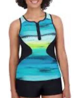ZeroXposur Blue Teal Green Zip-Front Swim Tankini Top XS(6)